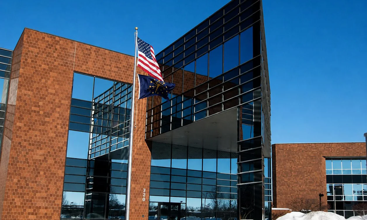 Brick and glass office building with flags on poles out front