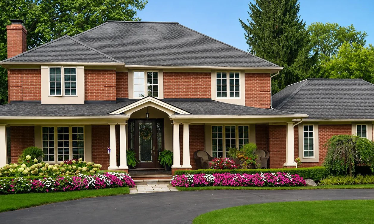 Two-story red brick home with white trim and landscaped front beds
